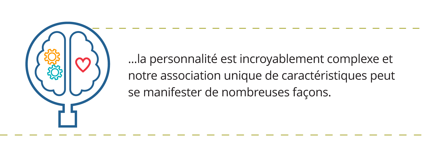 Graphique montrant une classe grossissante planant au-dessus d’un graphique d’un cerveau, avec des engrenages d’un côté et un cœur de l’autre, représentant le fonctionnement des tests de personnalité pour les leaders. Accompagné d’une citation qui dit