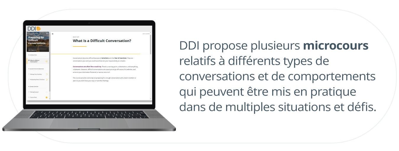 ordinateur portable ouvert avec le micro-cours de DDI sur la façon de se préparer à des conversations épineuses à l’écran, écrit à droite : DDI propose plusieurs micro-cours qui traitent de différents types de conversations et de comportements qui peuvent être appliqués à de multiples situations et défis.