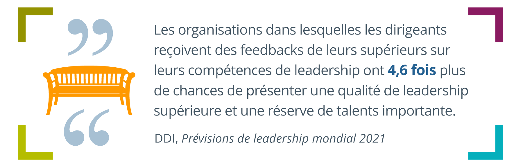 banc de parc à gauche avec la citation de la Prévision mondiale du leadership 2021 de DDI à droite :