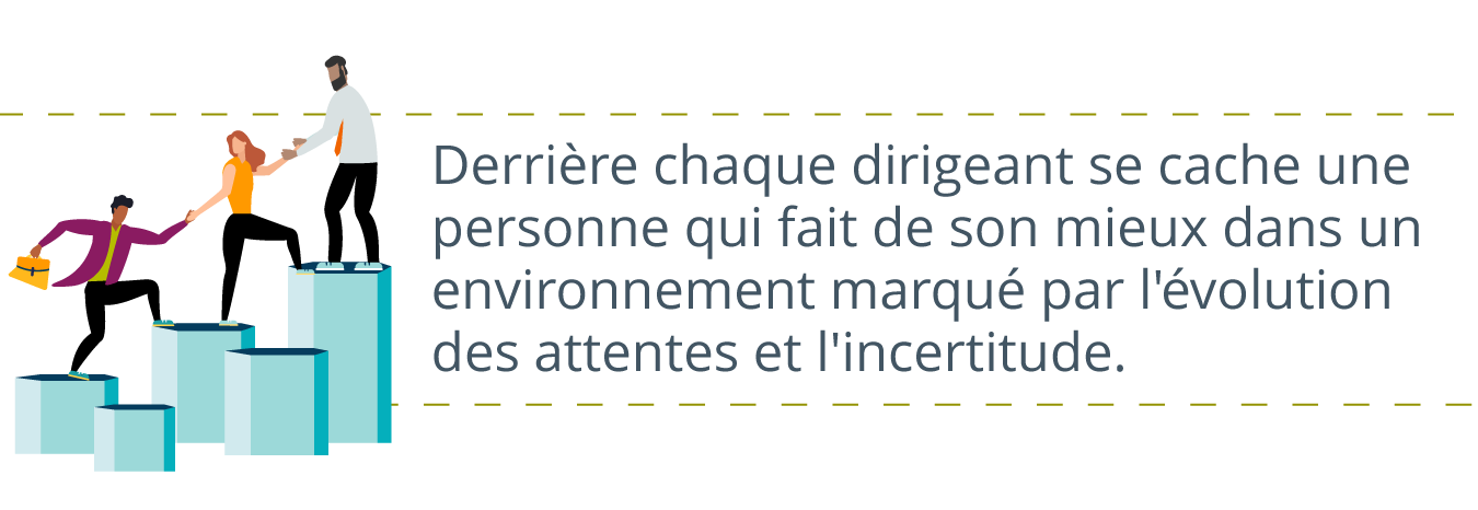 Des professionnels du monde des affaires travaillant ensemble pour gravir un escalier de fortune, avec écrit à droite : Derrière chaque leader se trouve une personne faisant de son mieux dans un environnement marqué par l'évolution des attentes et l'incertitude.