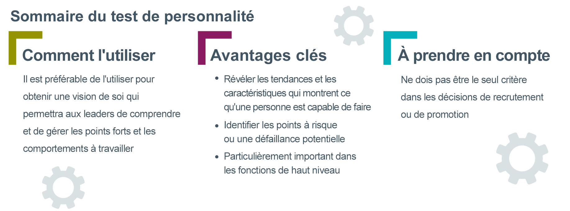 Tableau récapitulatif de l’utilisation des tests de personnalité pour les leaders. À gauche, il est écrit