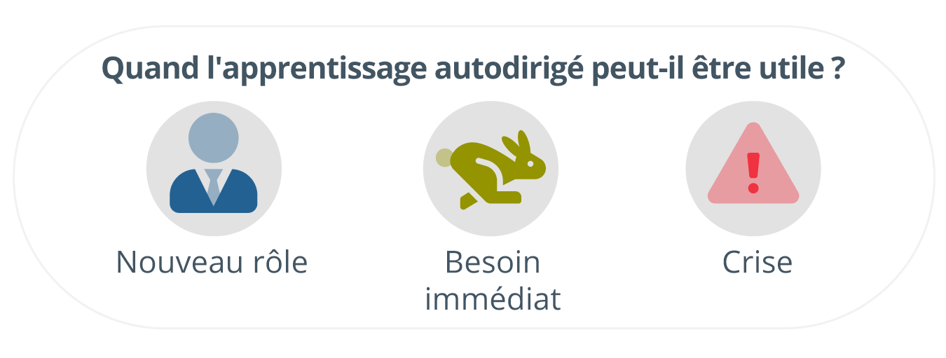 Quand le développement autodirigé du leadership peut-il aider ? écrit en haut comme un titre, avec trois icônes pour chaque instance en dessous : une icône d’homme d’affaires professionnel pour Nouveau poste, un lapin en train de courir pour Besoin immédiat, et un symbole de rendement pour Crise